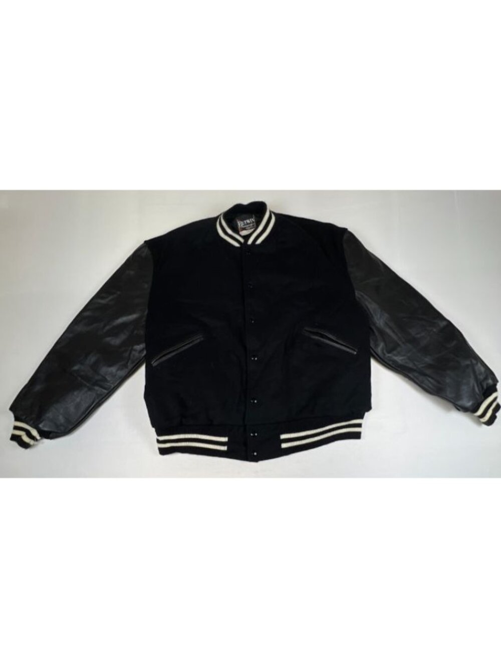 1980s Vintage Butwin Varsity Jacket Mens 48 Black Wool Leather Sleeves Letterman